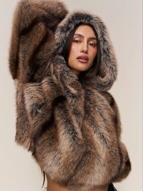 Guizio Corsette Cropped Lux Faux Fur Hooded Bomber Jacket - Brown